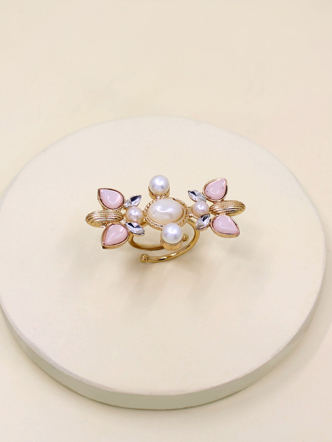

Runway Ritual Gold-Toned & Pink Stone-Studded & Beaded Adjustable Finger Ring