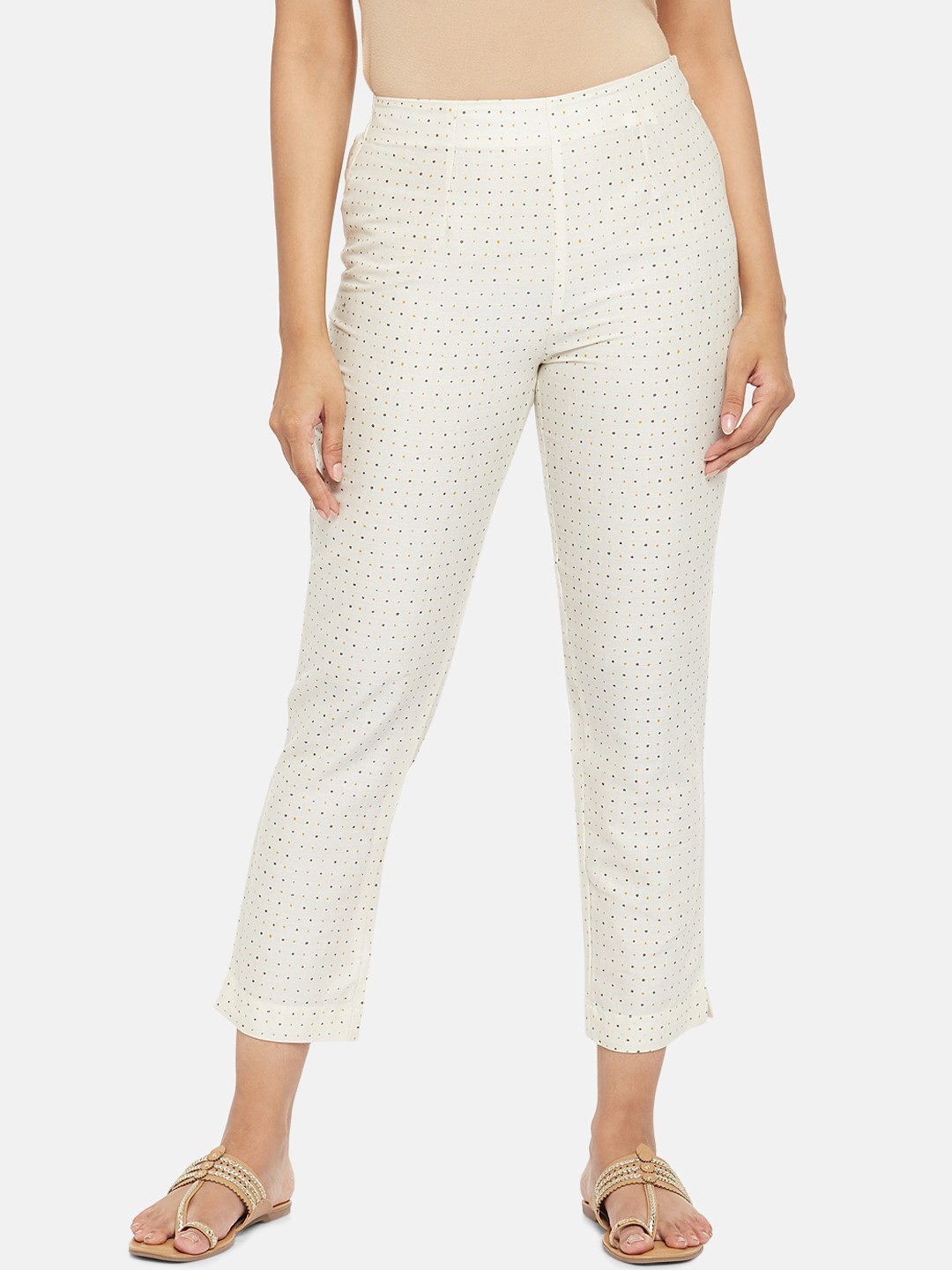 

RANGMANCH BY PANTALOONS Women Off-White Slim Fit Printed Regular Trousers