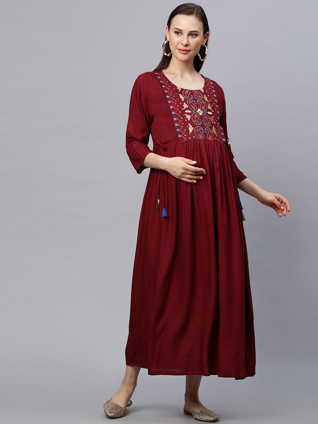 

MomToBe Women Maroon Embroidered Maternity Nursing Maxi Dress