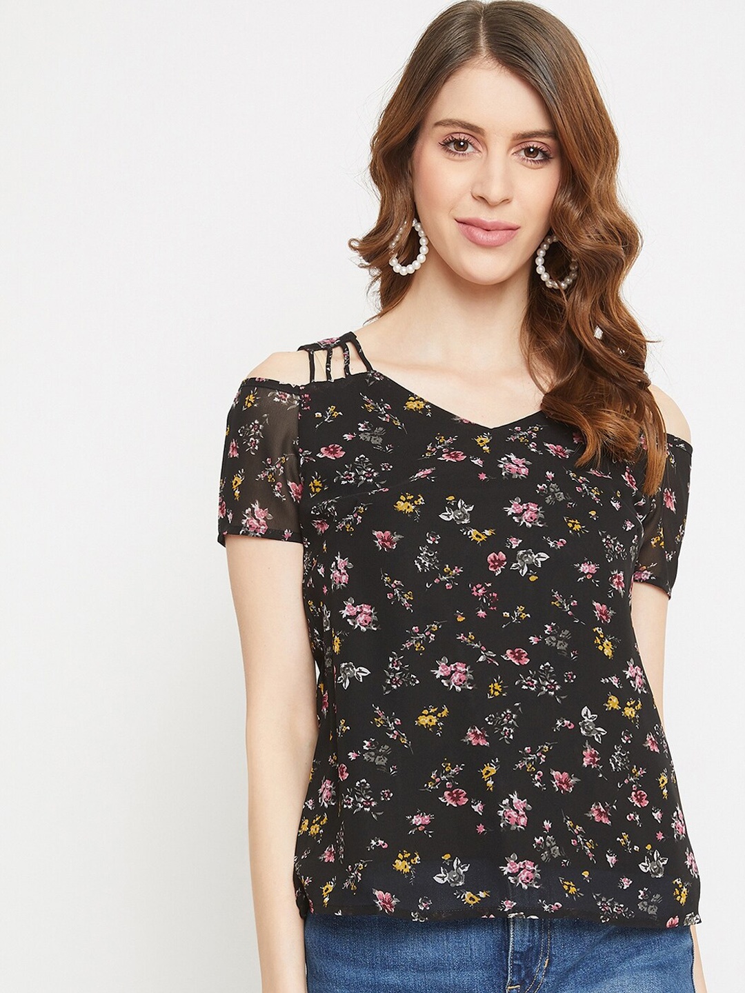 

PURYS Black & Pink Floral Printed Cold-Shoulder Sleeves Crepe Regular Top