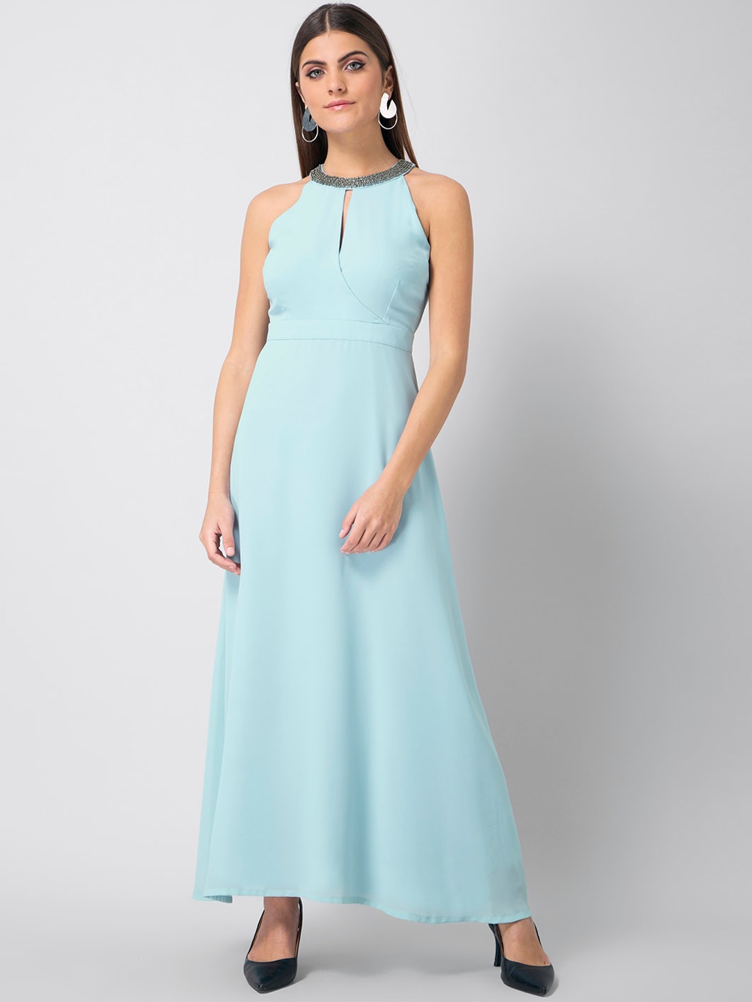 

FabAlley Women Turquoise Blue Solid Maxi Dress