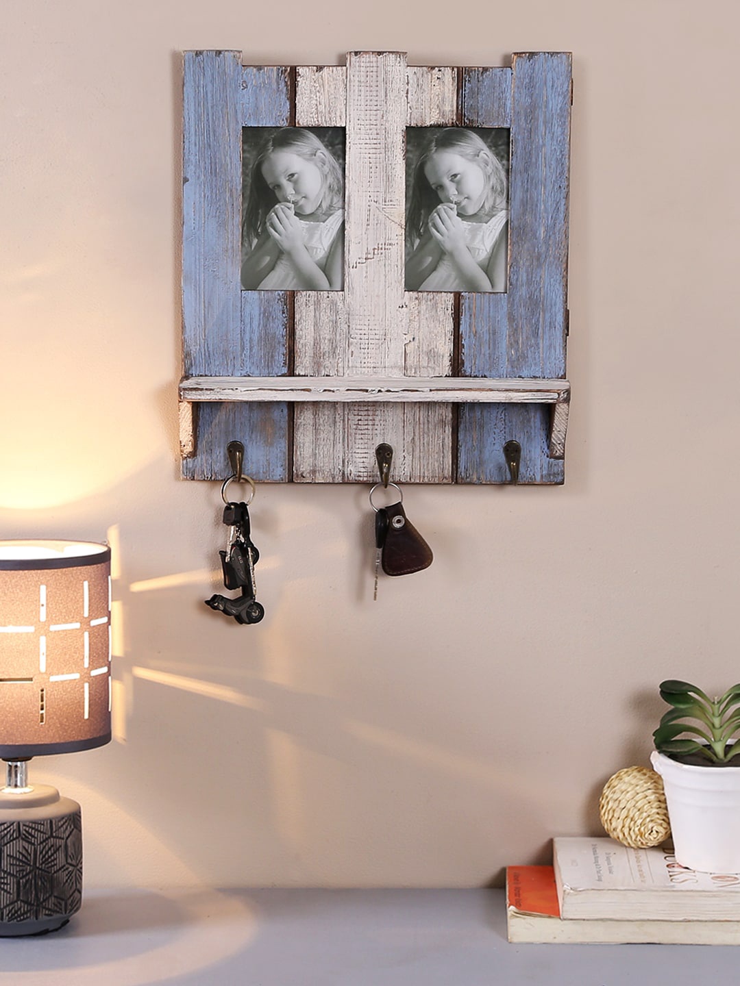 

Aapno Rajasthan Blue & Off-White Textured Wooden Photo Frame With Shelf & Key Hooks