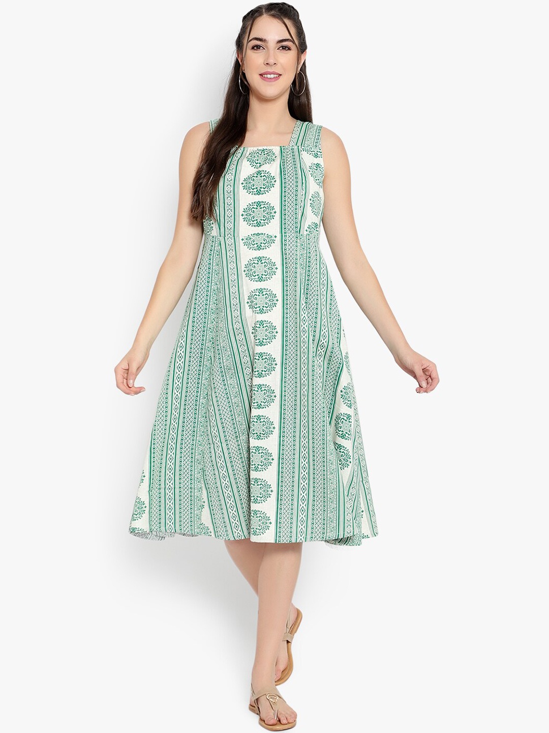 

Ayaany Women Green & White Printed A-Line Dress