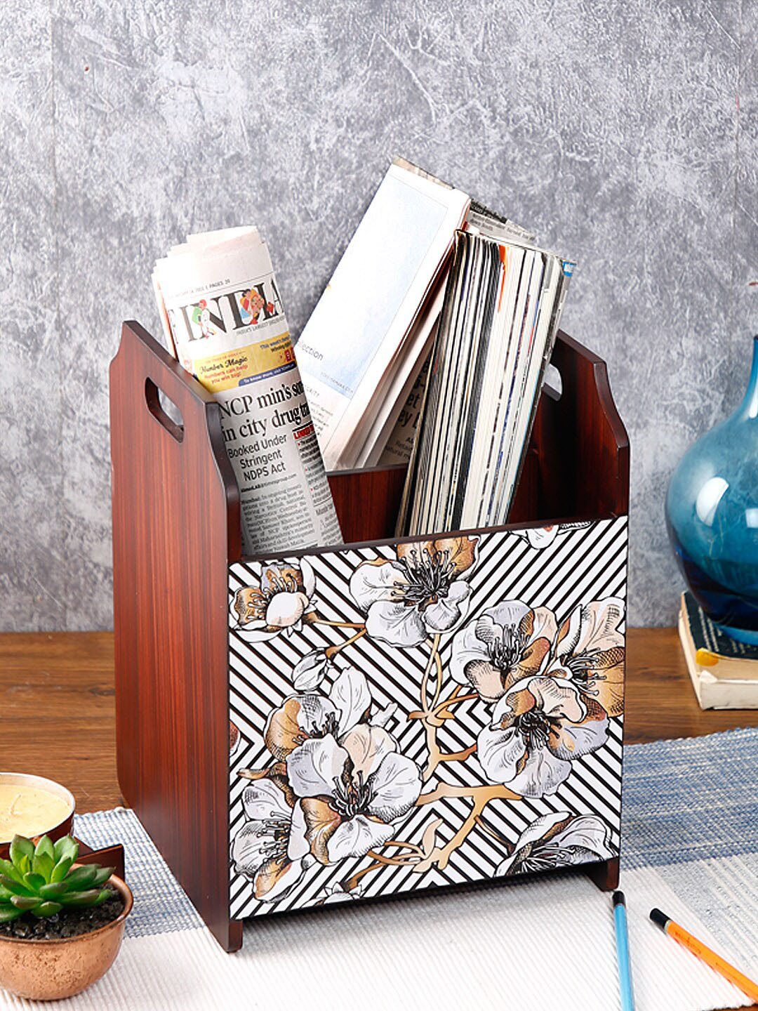 

Reinvention Factory White & Black Floral Print MDF Wooden Rosewood Finish Magazine Holders