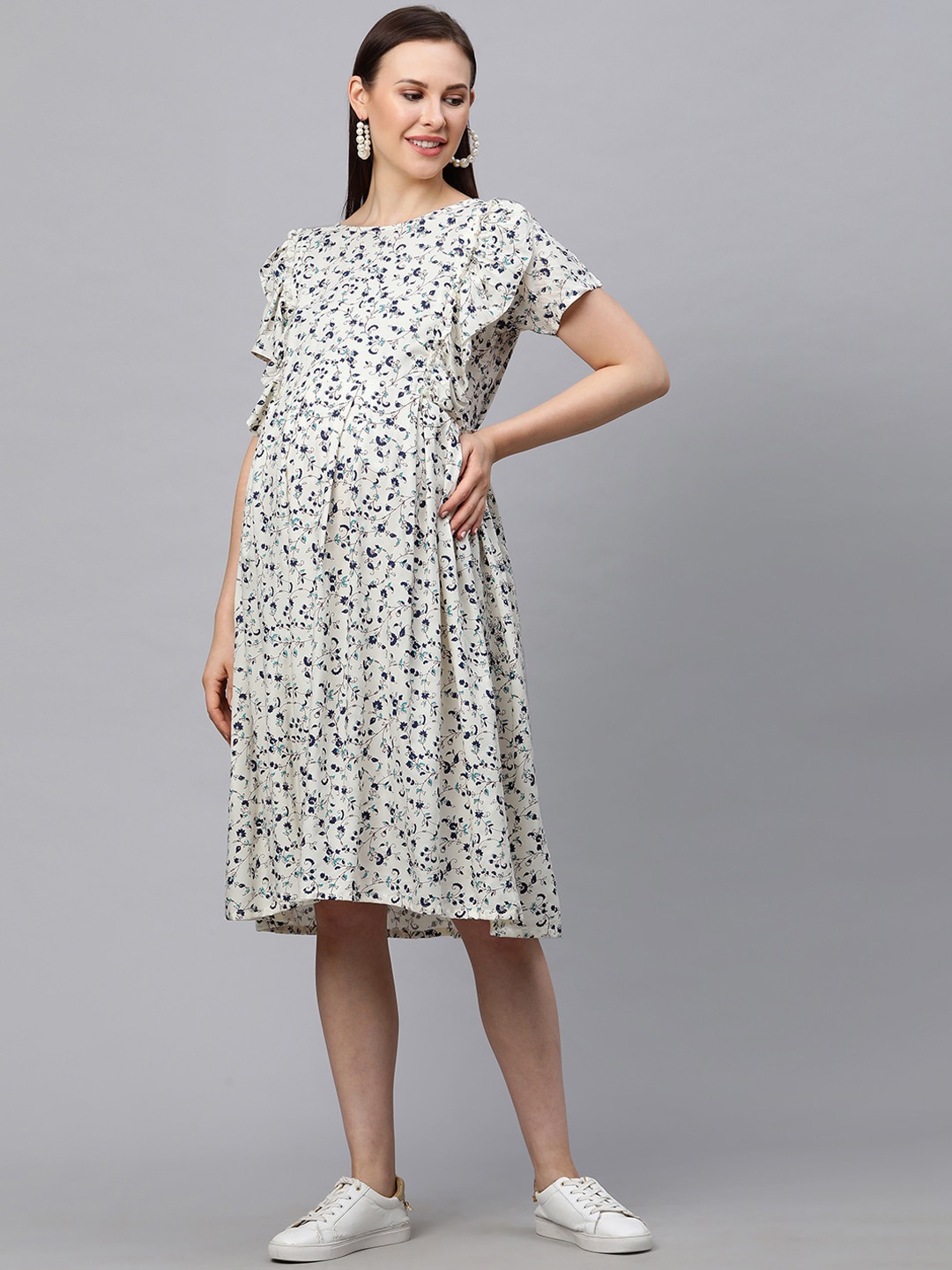 

MomToBe Women White Printed A-Line Maternity Nursing Dress
