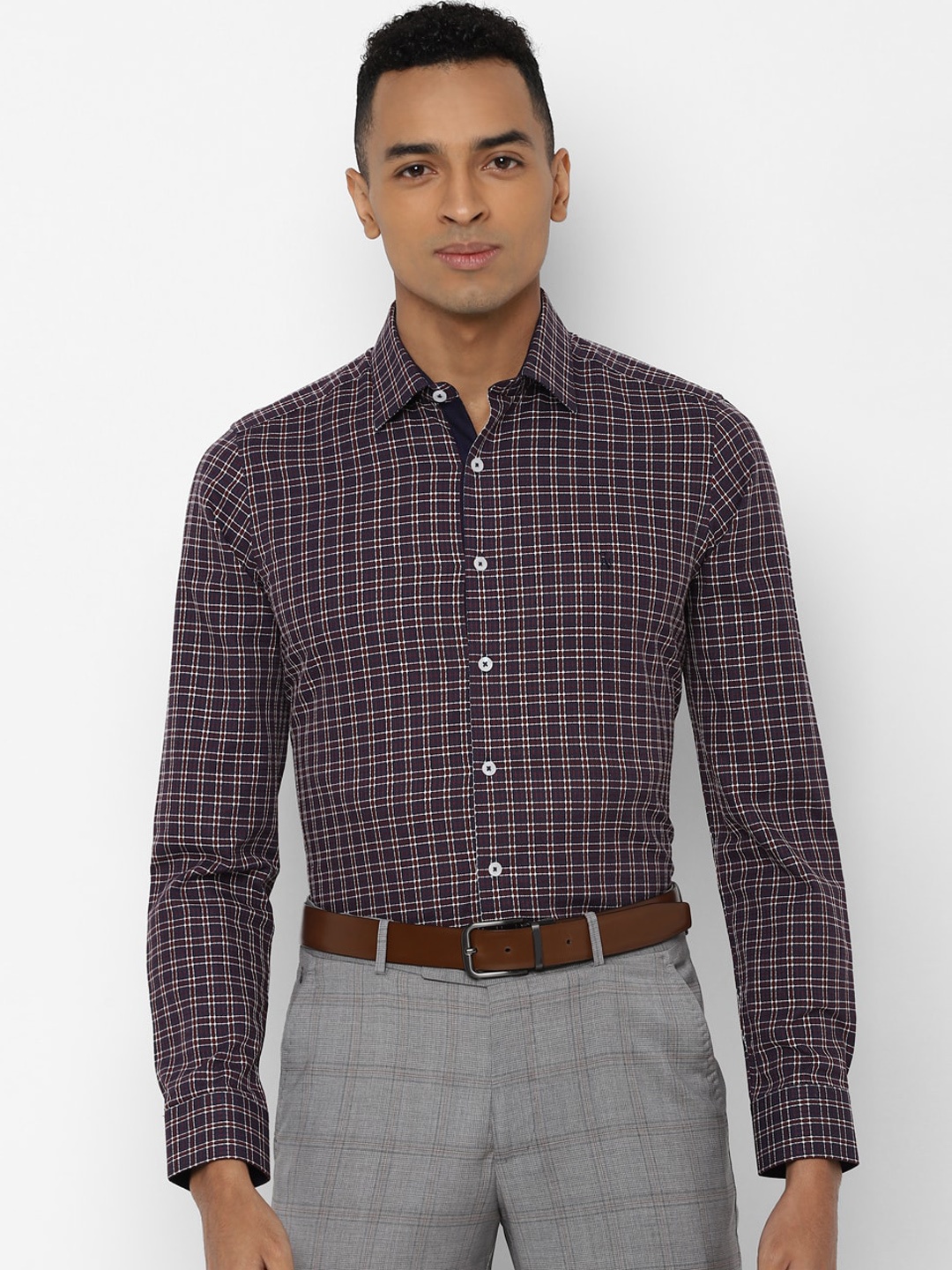 

SIMON CARTER LONDON Men Navy Blue & Brown Slim Fit Checked Cotton Formal Shirt