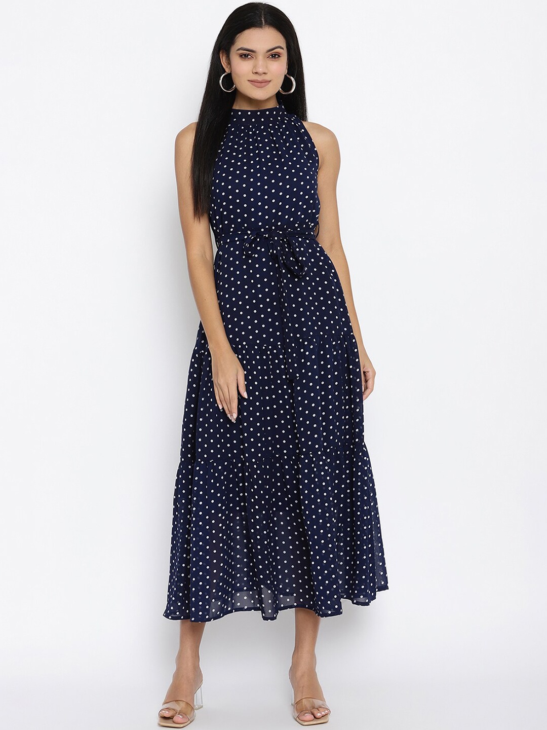

THREAD MUSTER Women Navy Blue Printed Fit and Flare Dress