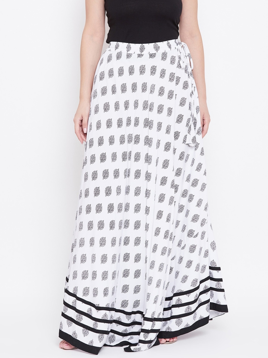 

TULIP 21 Women White & Black Ethnic Motifs Block Printed Flared Maxi Skirt