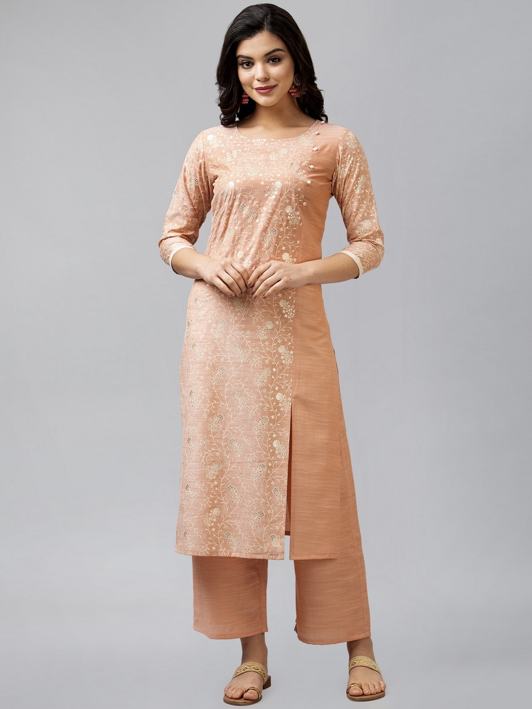 

SANISA Women Peach-Coloured & Golden Ethnic Motifs Foil Print Handloom Kurta