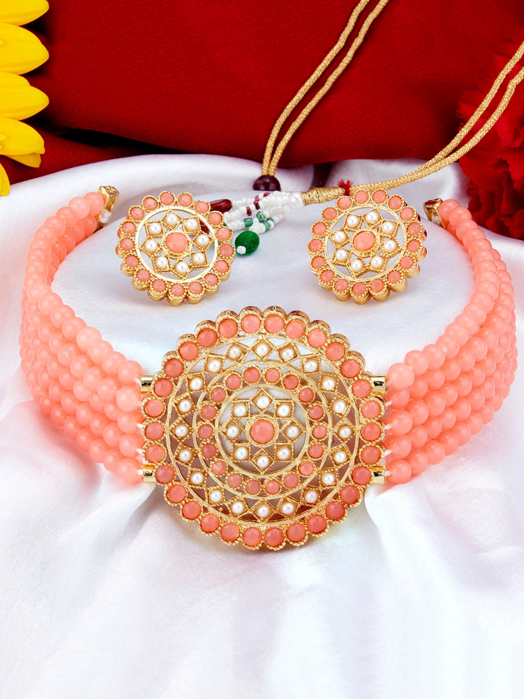 

Sukkhi Gold-Plated Pink & White Pearl-Studded Beaded Sustainable Jewellery Set