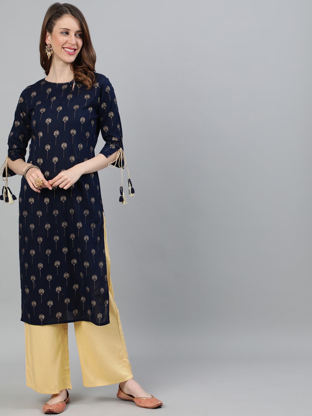 

Jaipur Kurti Women Navy Blue & Beige Printed Kurta with Palazzos