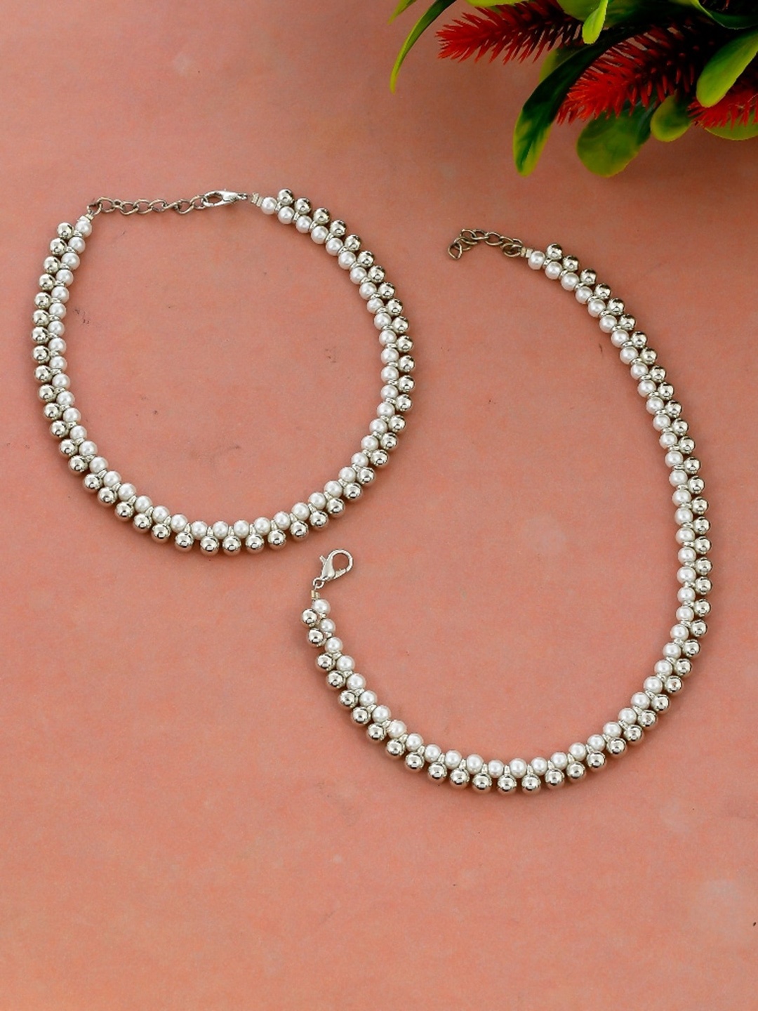 

Silvermerc Designs Set Of 2 White Silver-Plated Beaded Western Anklets