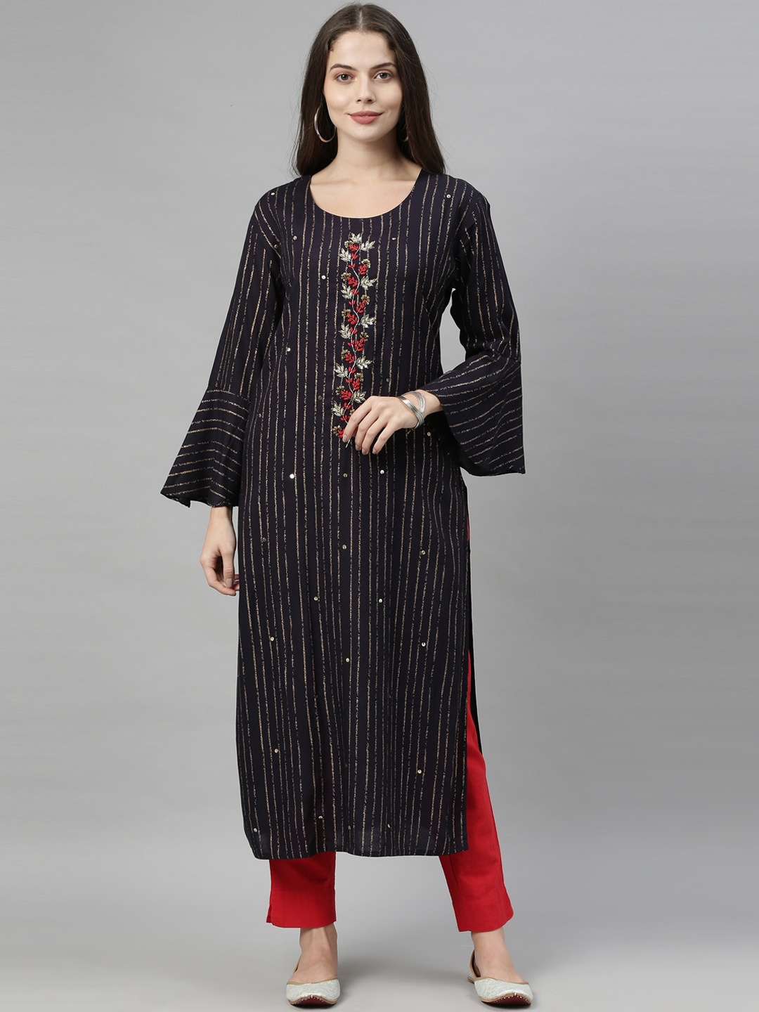 

Neerus Women Navy Blue Striped Bell Sleeves Kurta