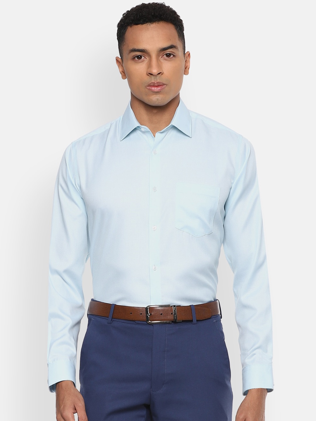 Van Heusen Men Blue Regular Fit Self Design Pure Cotton Formal Shirt