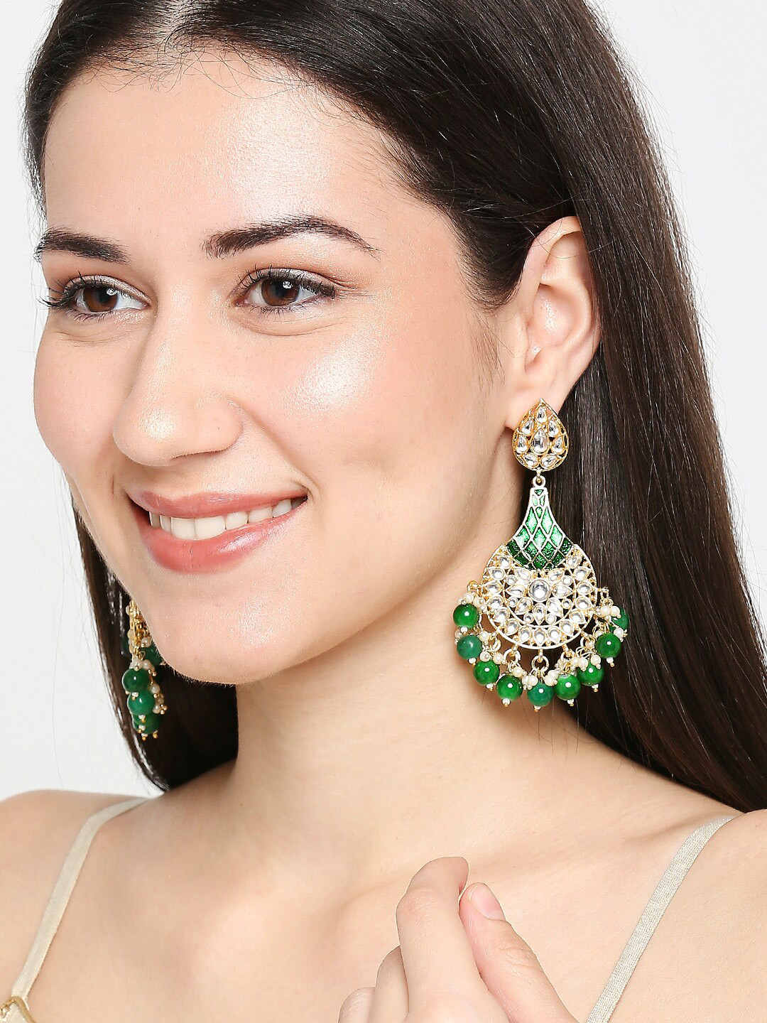 

OOMPH Green Meenakari Enamelled Kundan Stone Studded Contemporary Drop Earrings