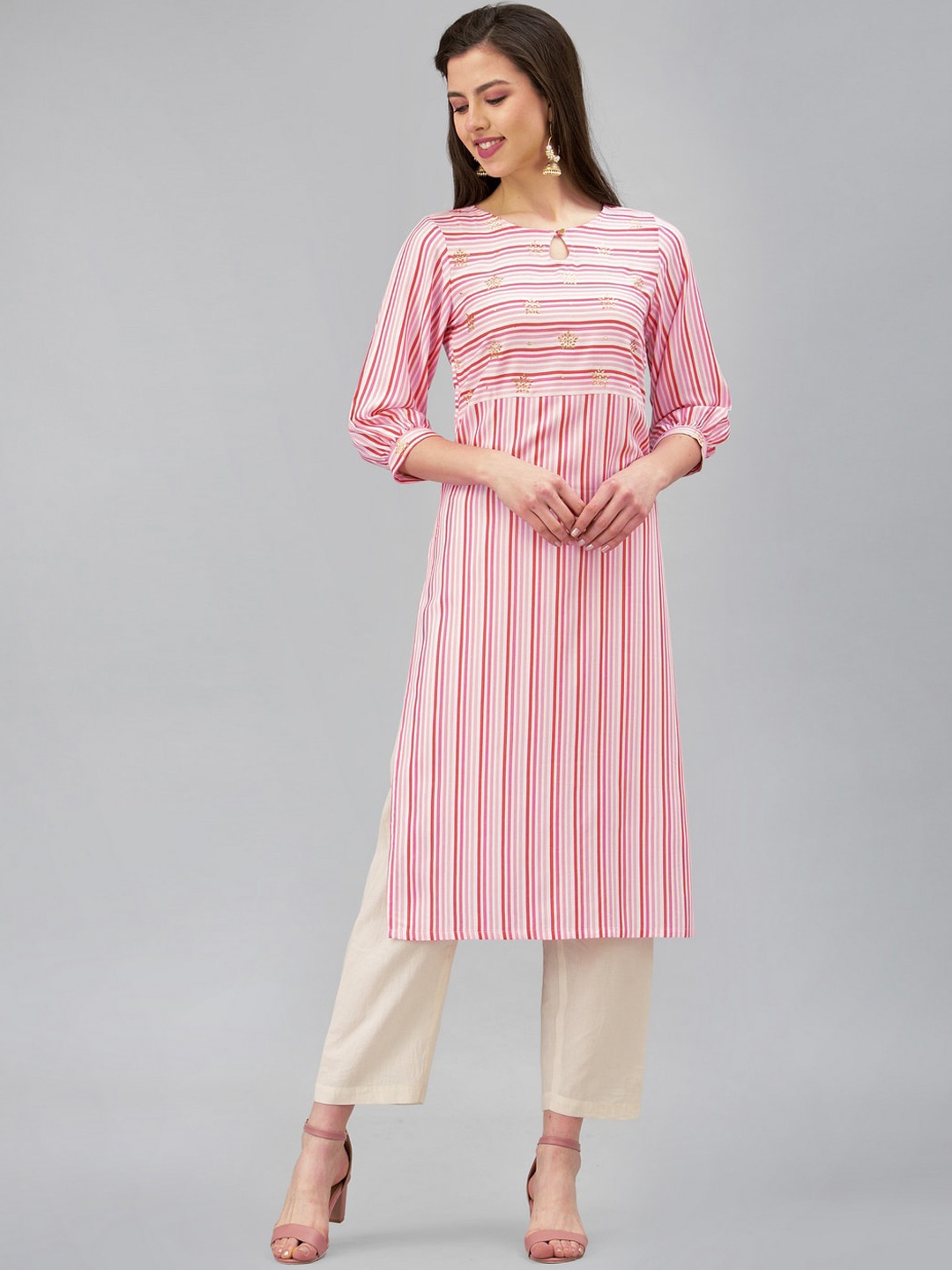 

SANISA Women Pink & White Striped Keyhole Neck Cotton Handloom Kurta