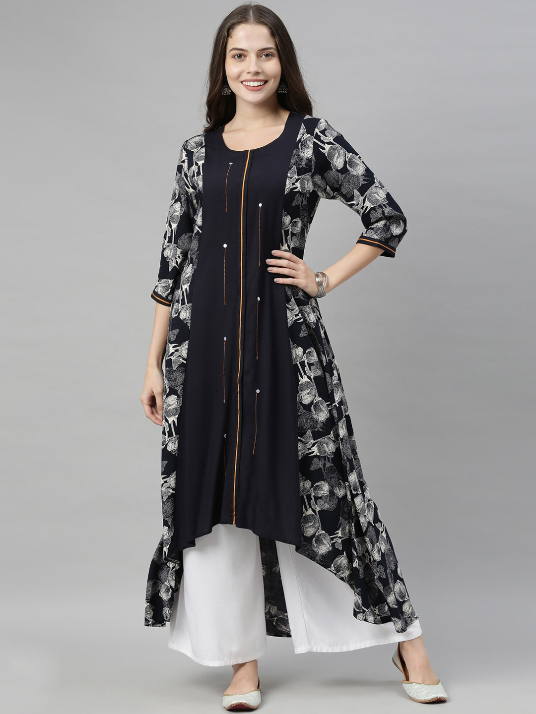

Neerus Women Navy Blue Geometric Striped Extended Sleeves Sequins Kurta