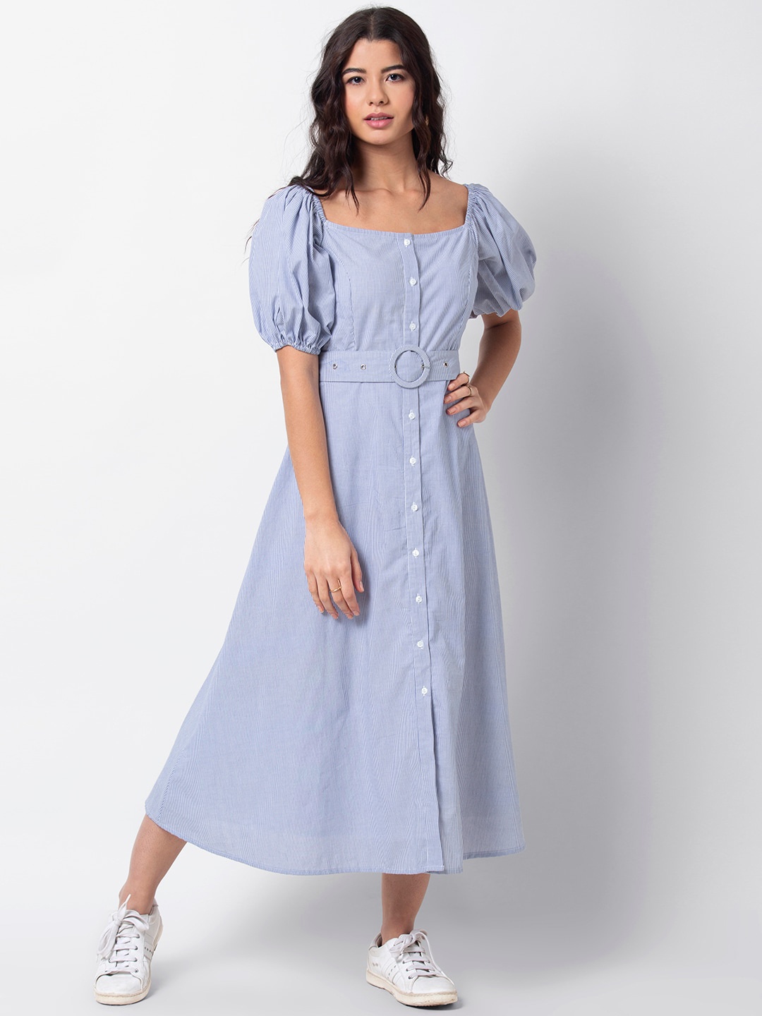

FabAlley Women Blue & White Striped Fit and Flare Dress