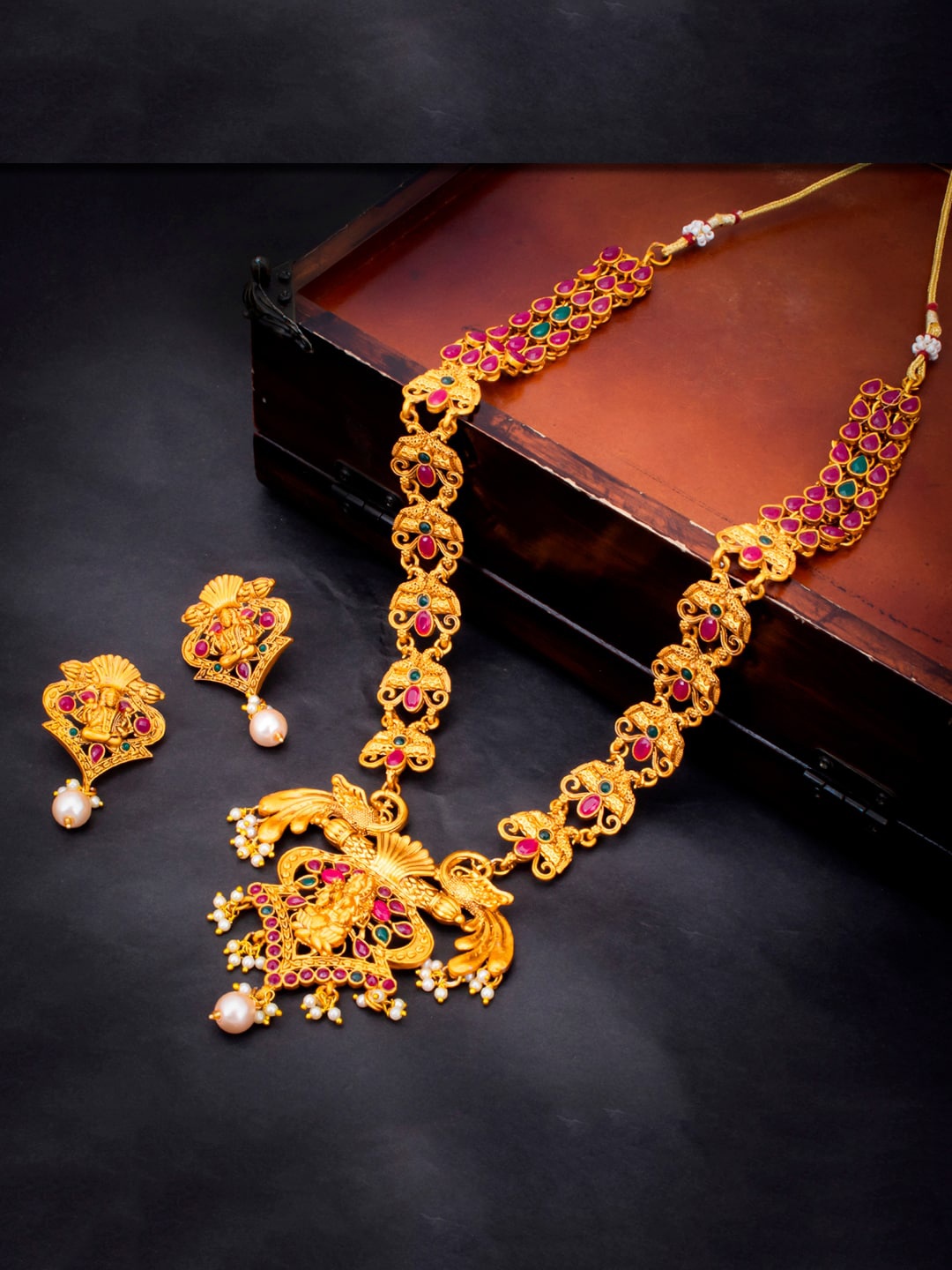 Sukkhi Gold-Plated Pink & Green Stone-Studded & Pearl Temple Sustainable Jewellery Set