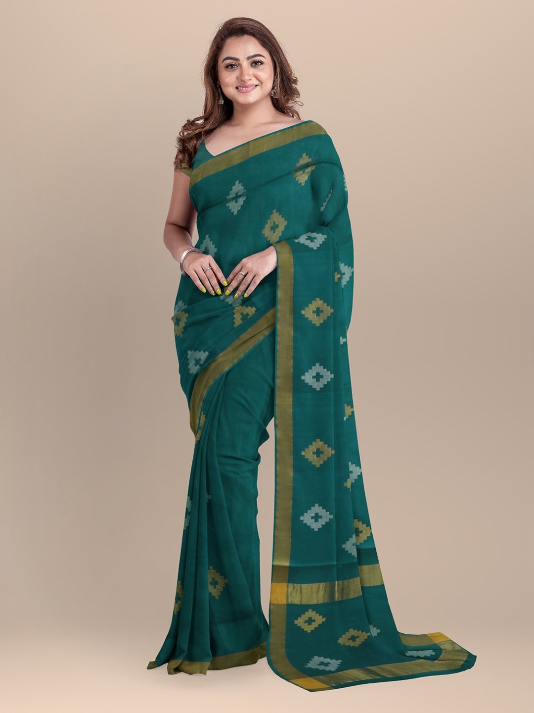 

APCO Green Cotton Blend Printed Venkatgiri Saree