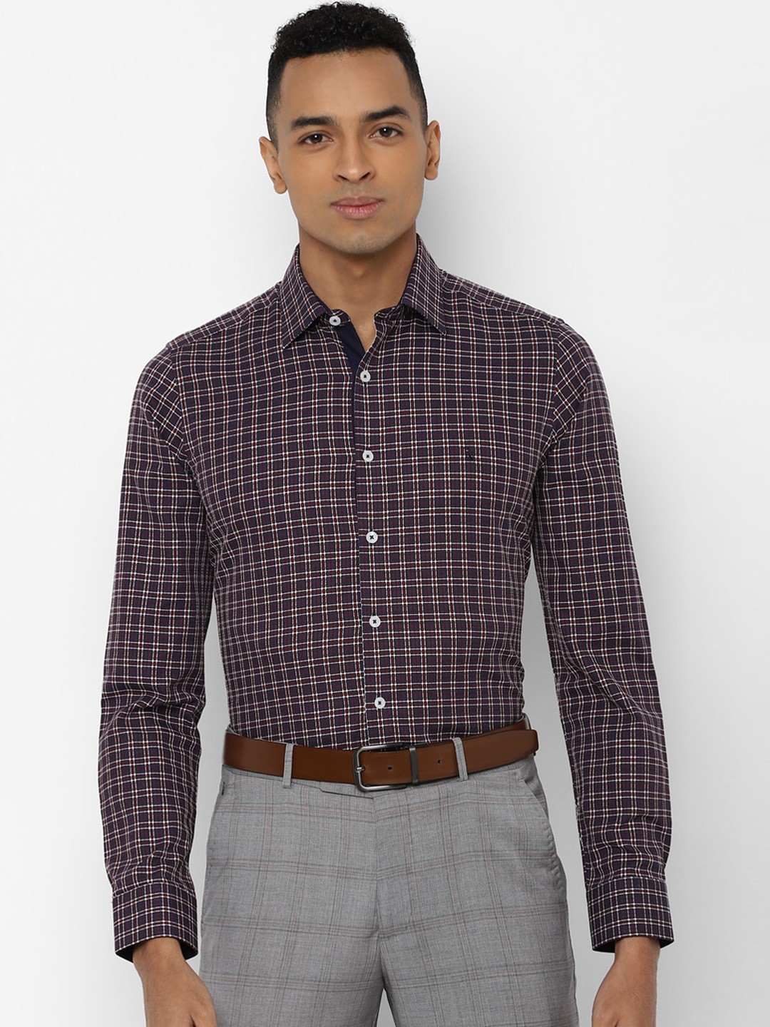 

SIMON CARTER LONDON Men Navy Blue & Brown Slim Fit Checked Formal Shirt