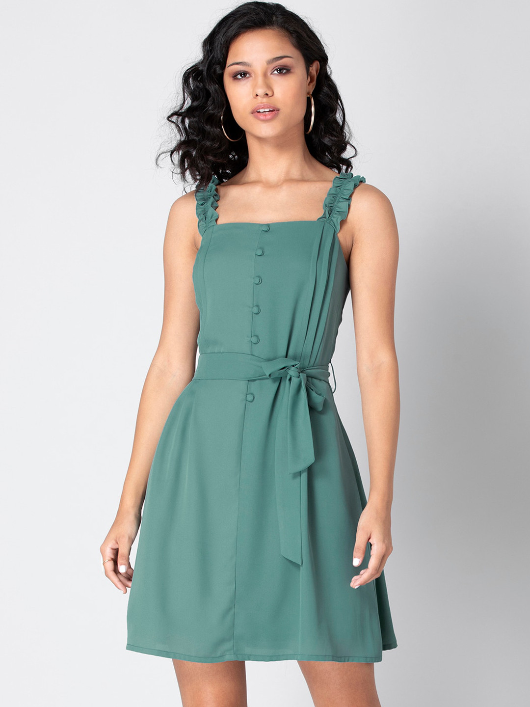 

FabAlley Women Green Solid A-Line Dress with Attatched Belt