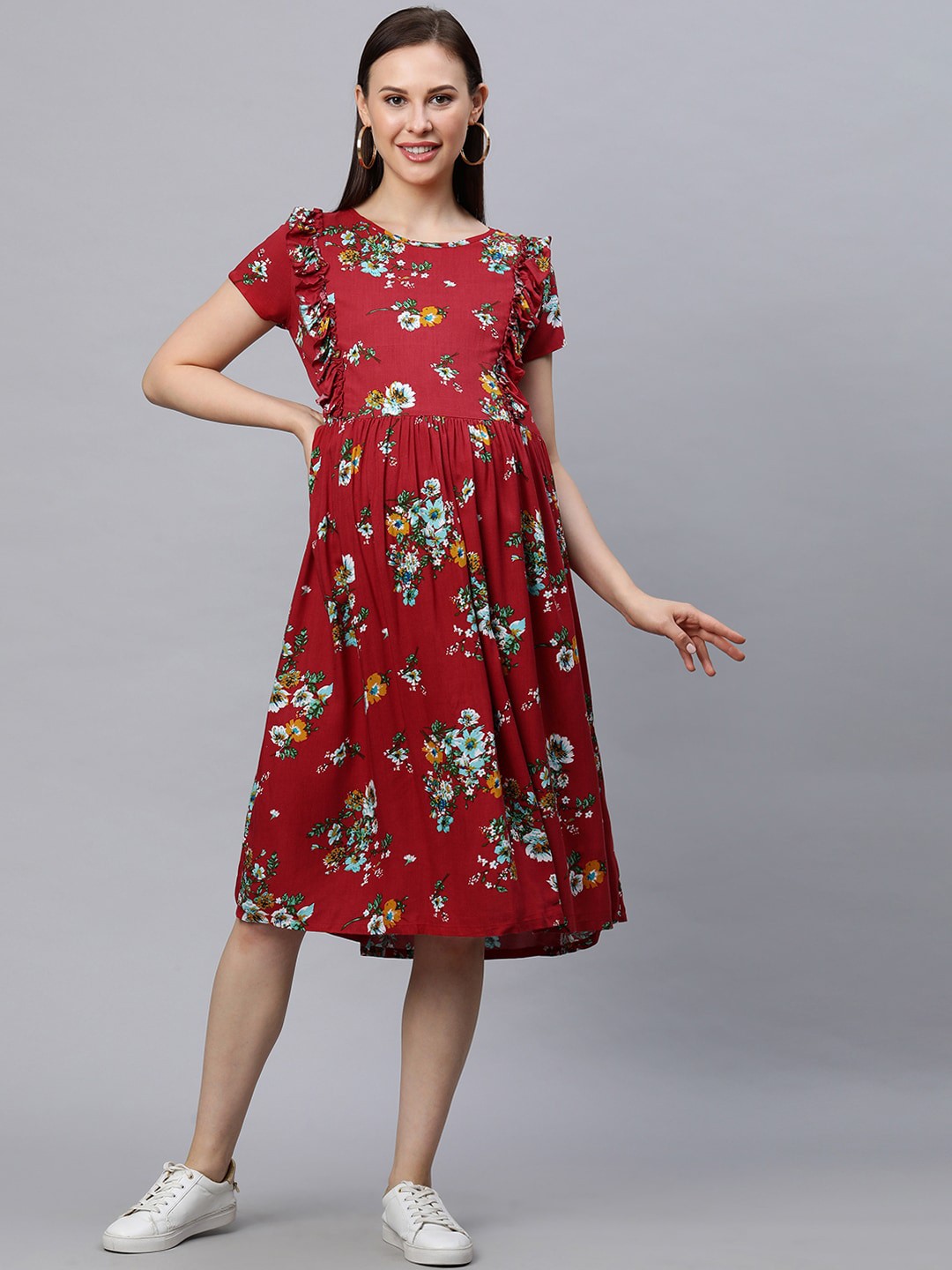 

MomToBe Women Maroon Printed Maternity Nursing Dress