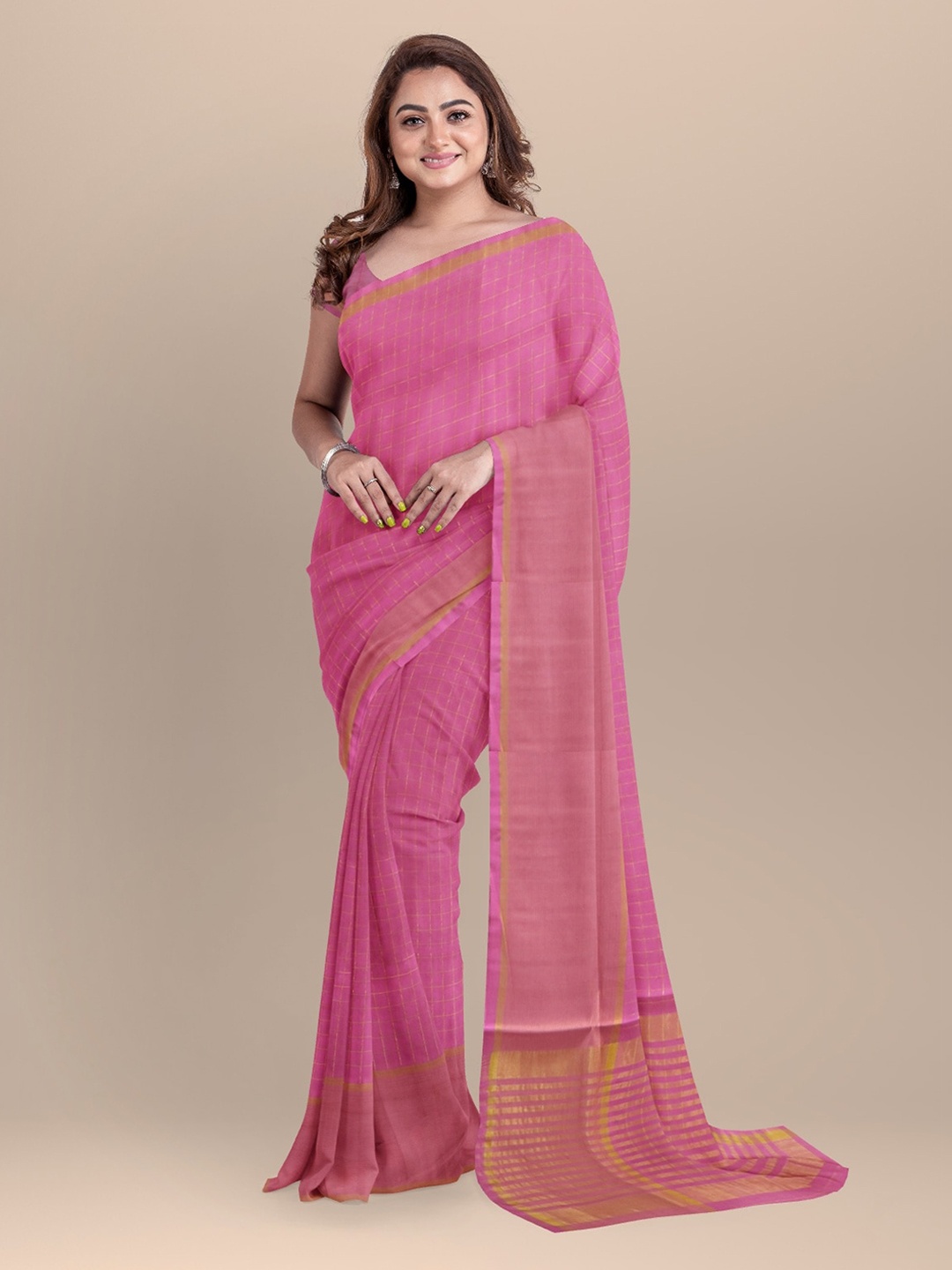 

APCO Pink Cotton Blend Checked Venkatgiri Saree