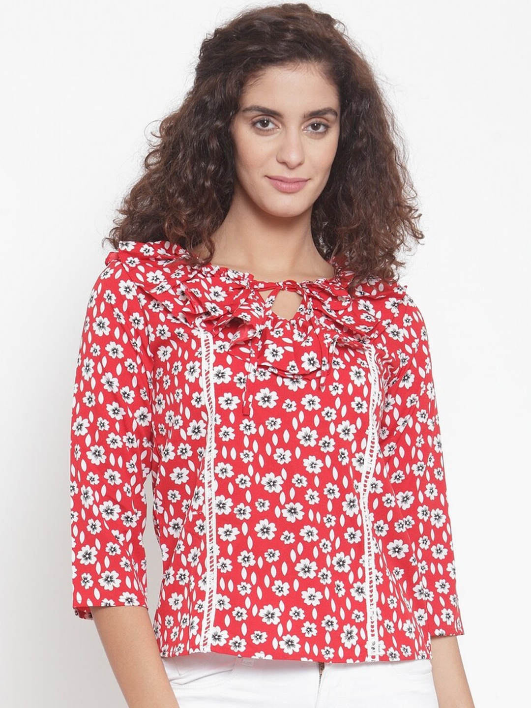 

Purple State Red & White Floral Printed Tie-Up Neck Regular Top
