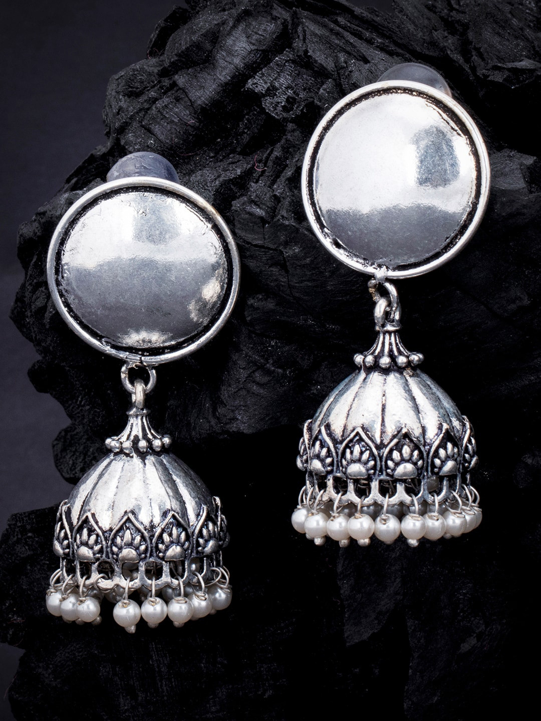

Sukkhi Oxidized Rhodium-Plated Handcrafted Beaded Dome Shaped Jhumkas, Silver