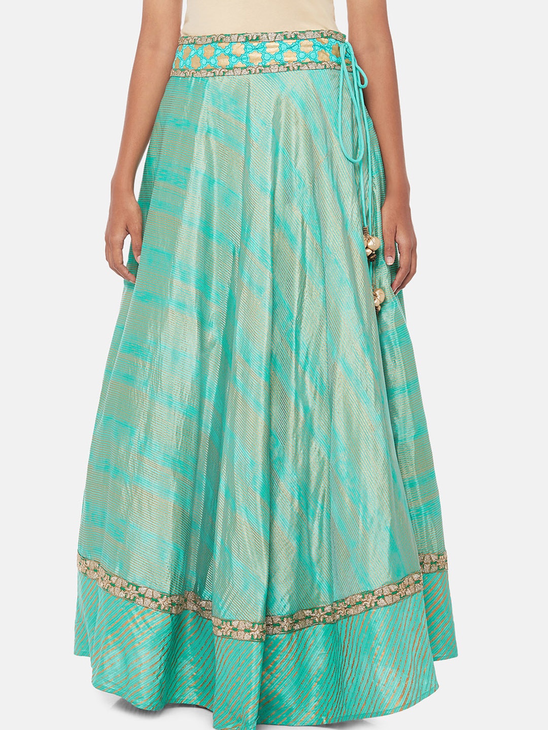 

RANGMANCH BY PANTALOONS Women Turquoise Blue & Golden Striped Flared Maxi Skirt