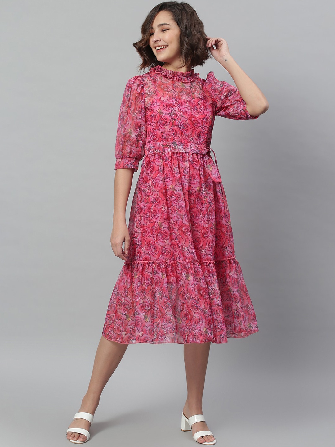 KASSUALLY Women Fuchsia Printed Fit and Flare Dress