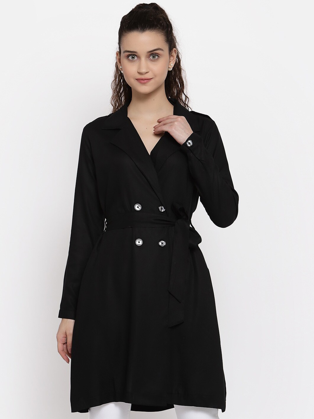 

Style Quotient Women Black Solid Double-Breasted Trench Coat