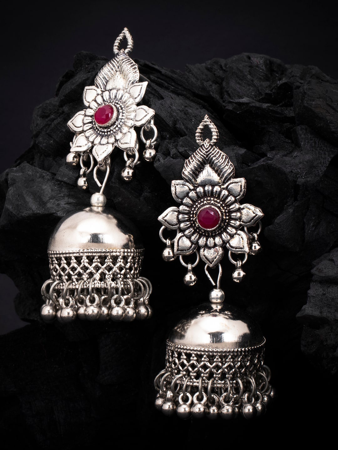 

Sukkhi Oxidized Rhodium-Plated & Pink Handcrafted Studded Dome Shaped Jhumkas, Silver