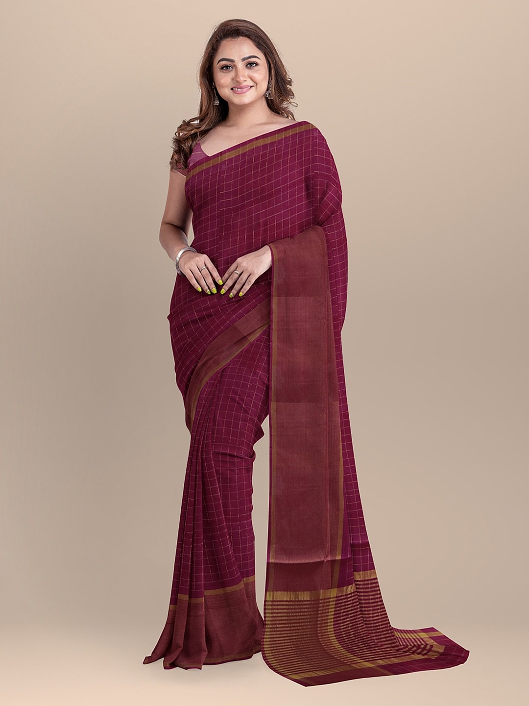

APCO Burgundy Pure Cotton Checked Venkatgiri Saree