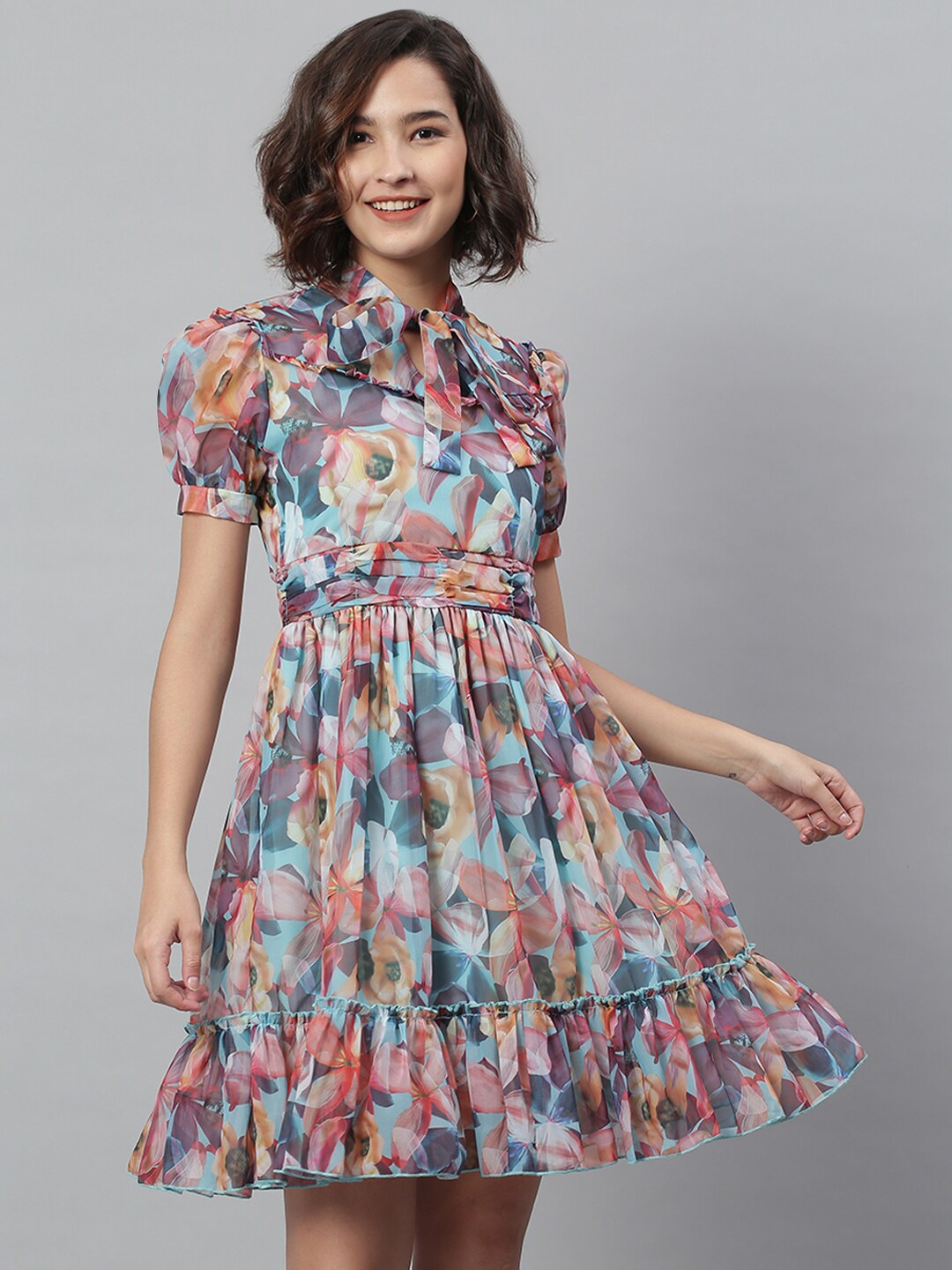 

KASSUALLY Women Blue Printed Fit and Flare Dress
