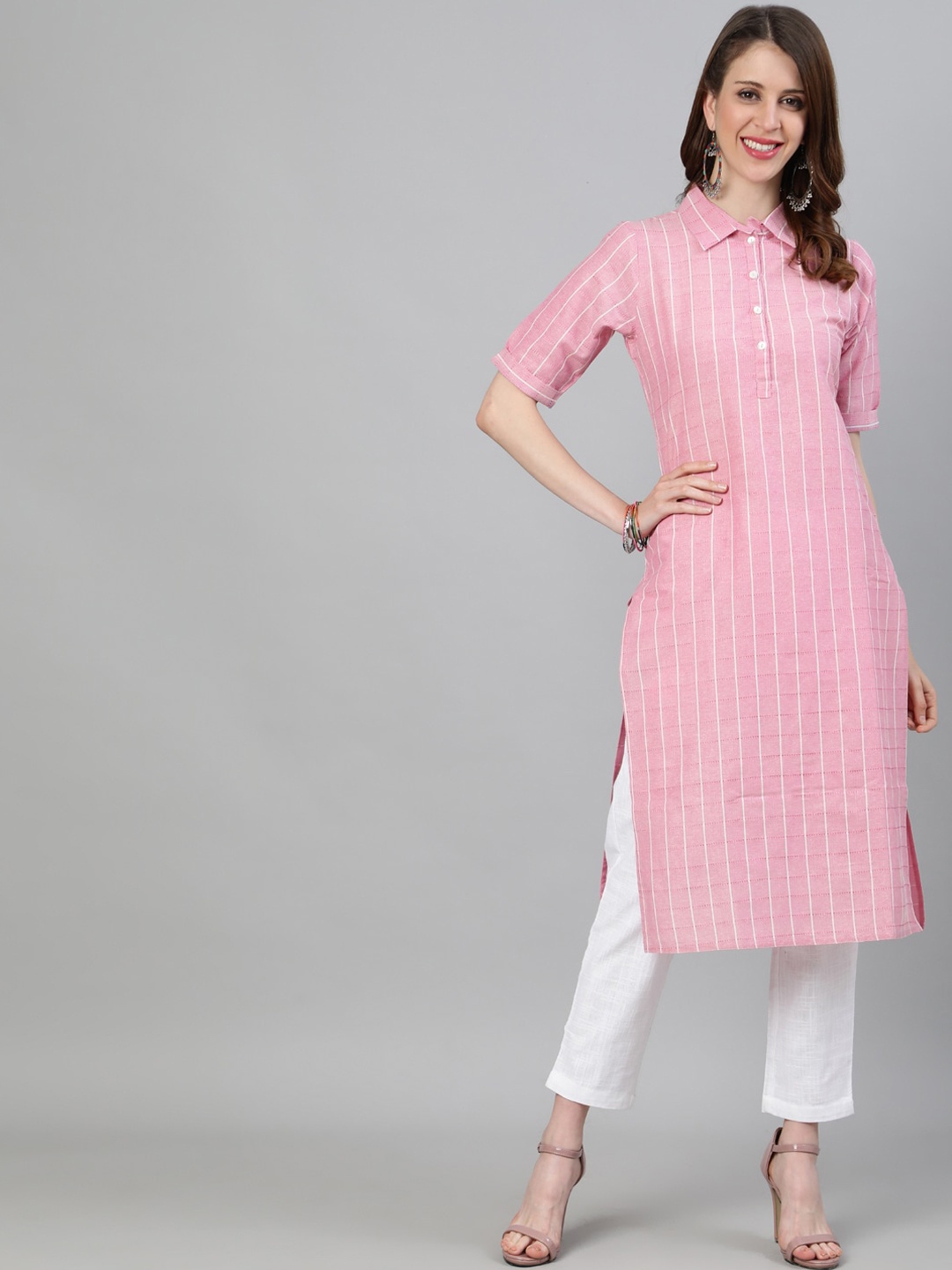 

Jaipur Kurti Women Pink & White Striped Kurta with Trousers