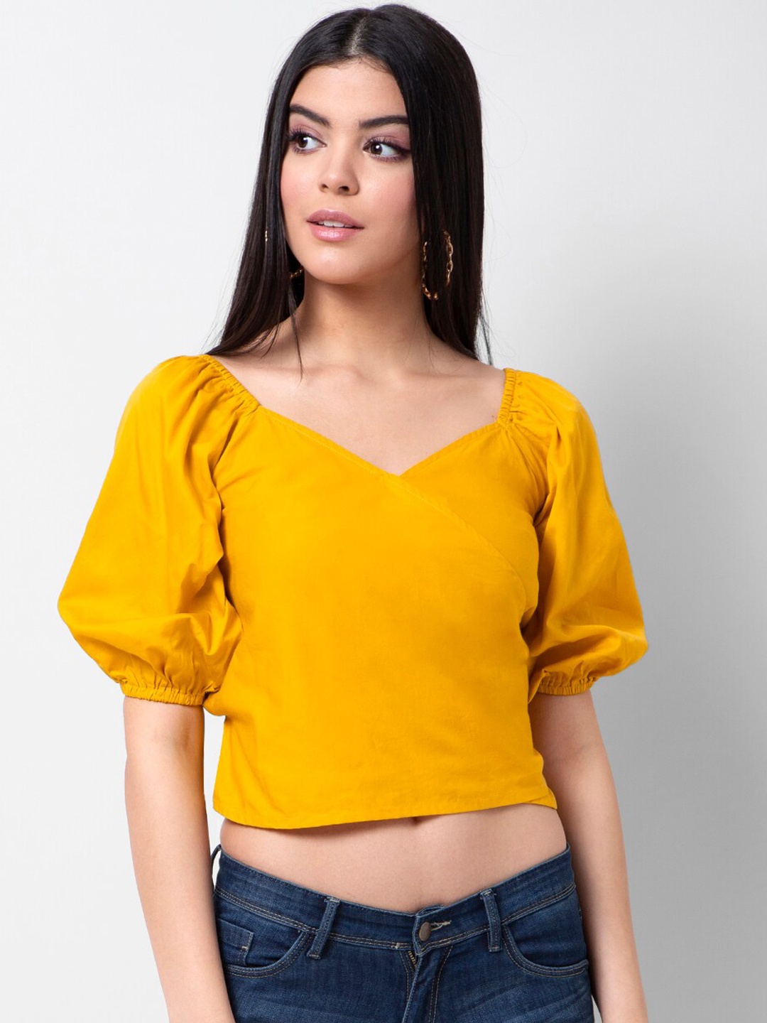 

FabAlley Mustard Yellow Puff Sleeves Styled Back Crop Top