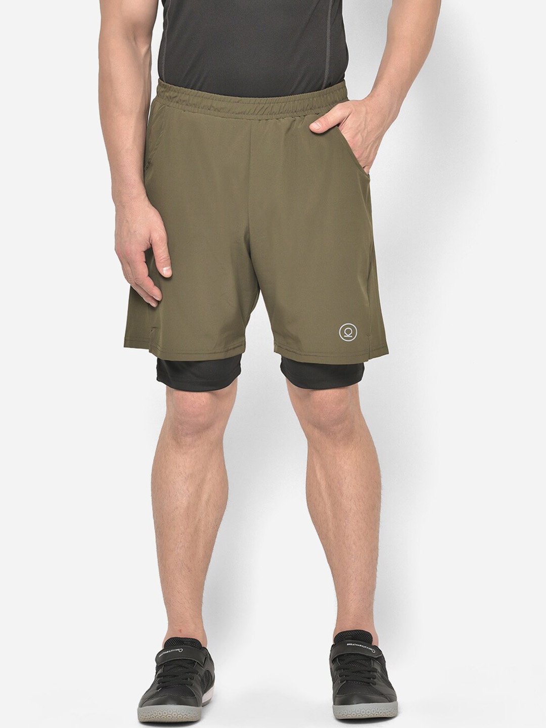 

CHKOKKO Men Olive Green Solid Regular Fit Double Layered Running Shorts