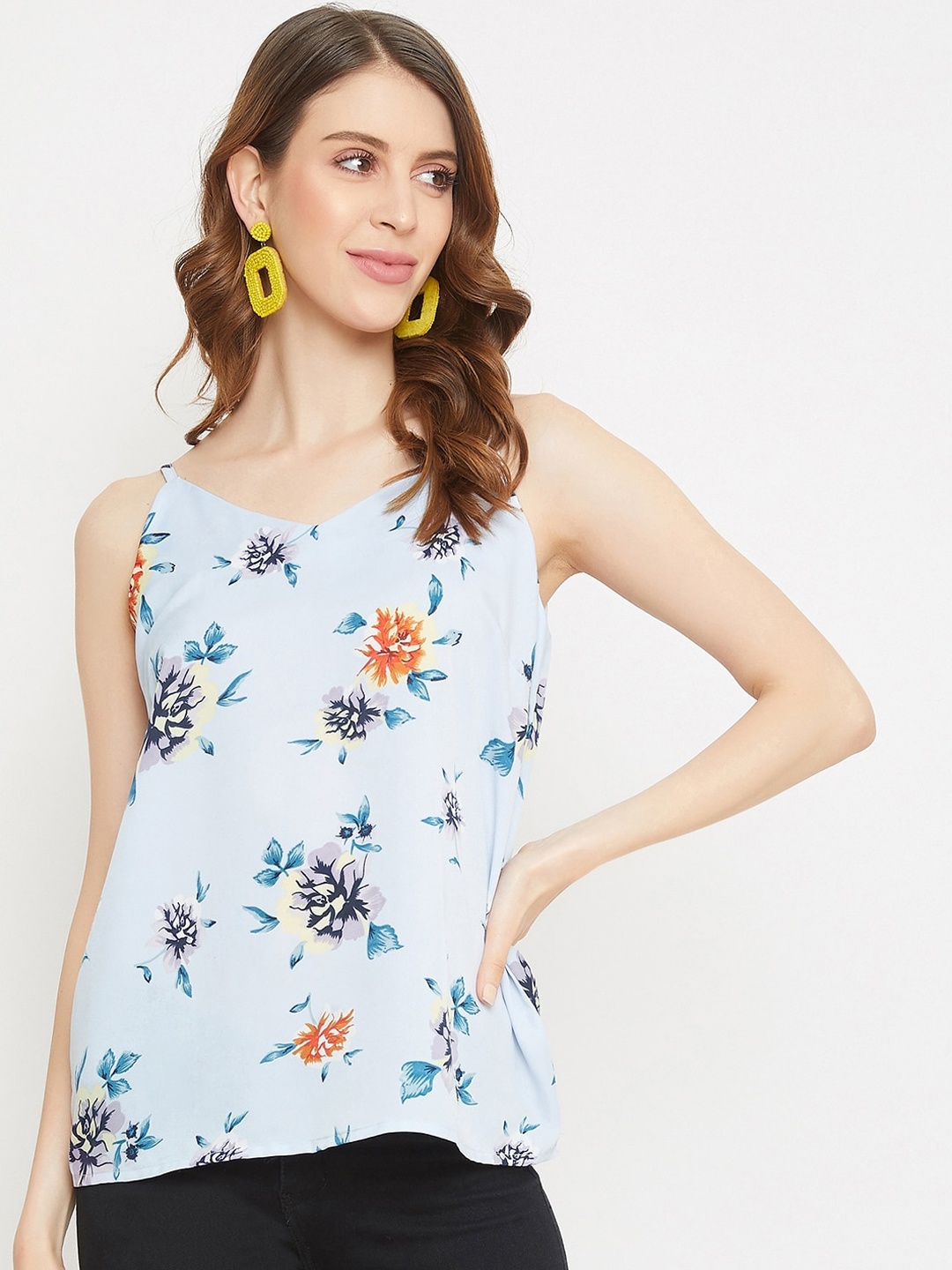 

PURYS Blue & Orange Floral Printed Regular Top