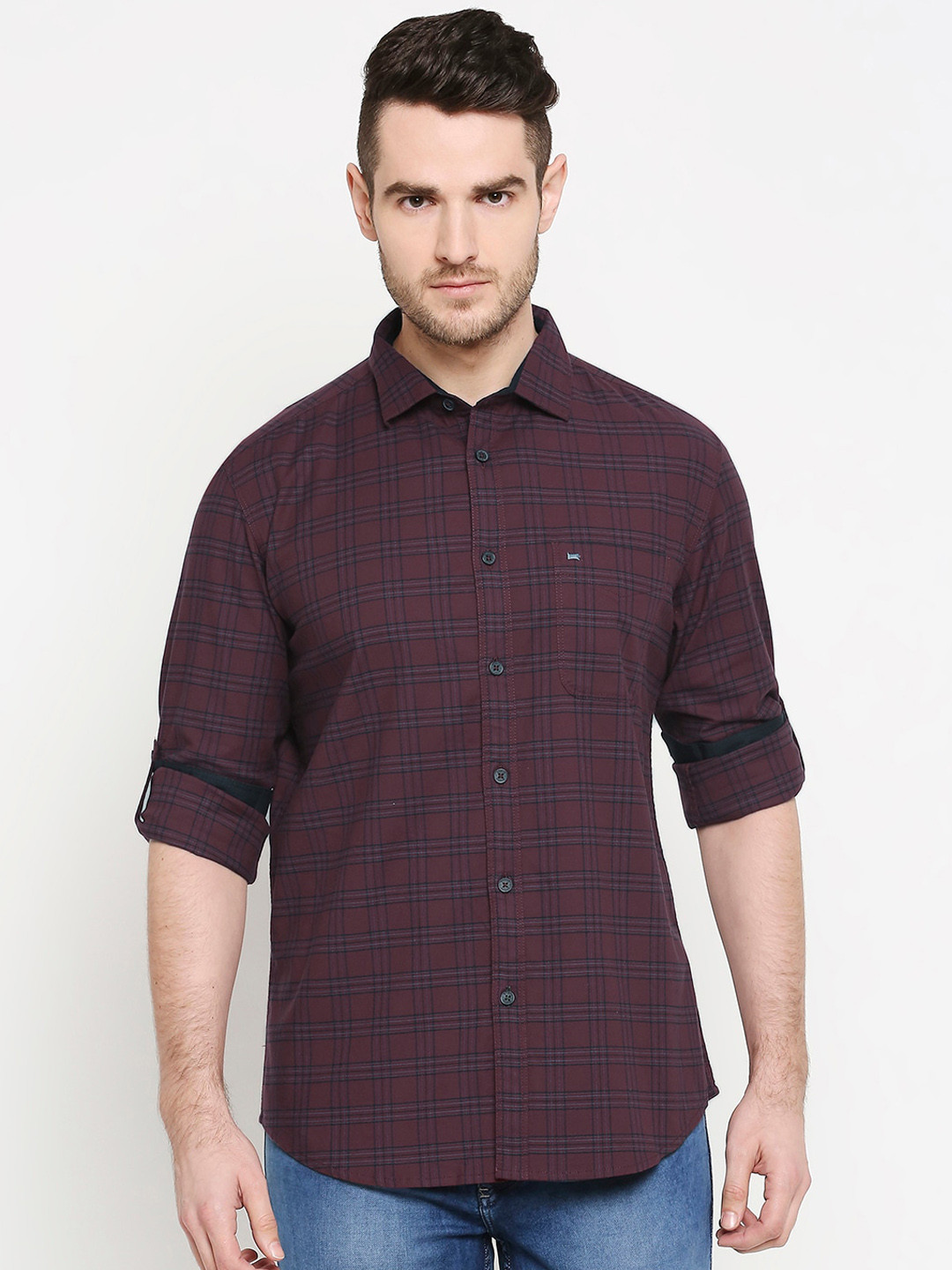 

Basics Men Maroon & Black Slim Fit Checked Casual Shirt