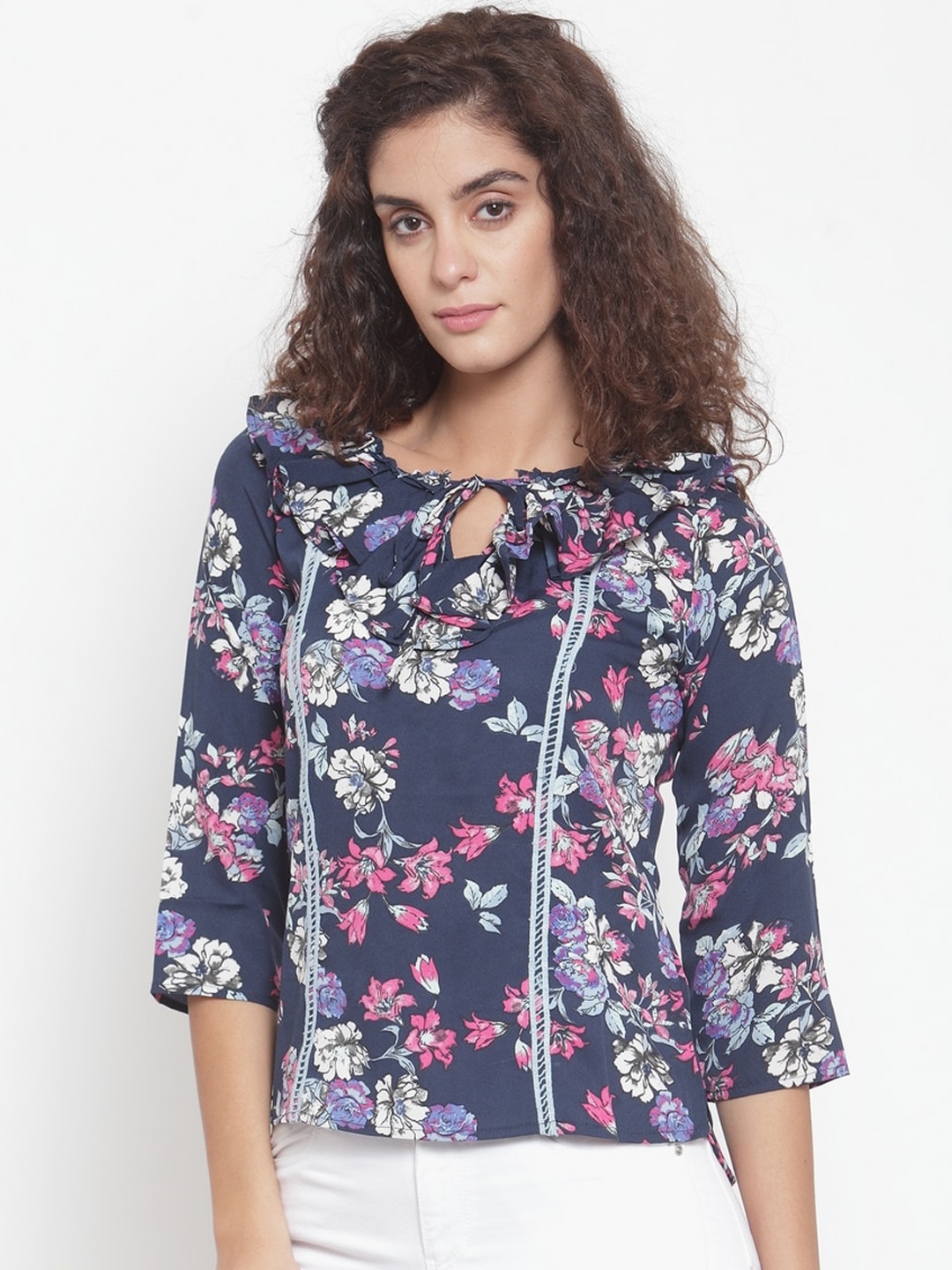 

Purple State Blue & Pink Floral Printed Tie-Up Neck Regular Top
