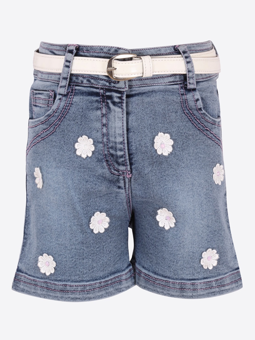 

CUTECUMBER Girls Blue Washed Regular Fit Embroidered Denim Shorts