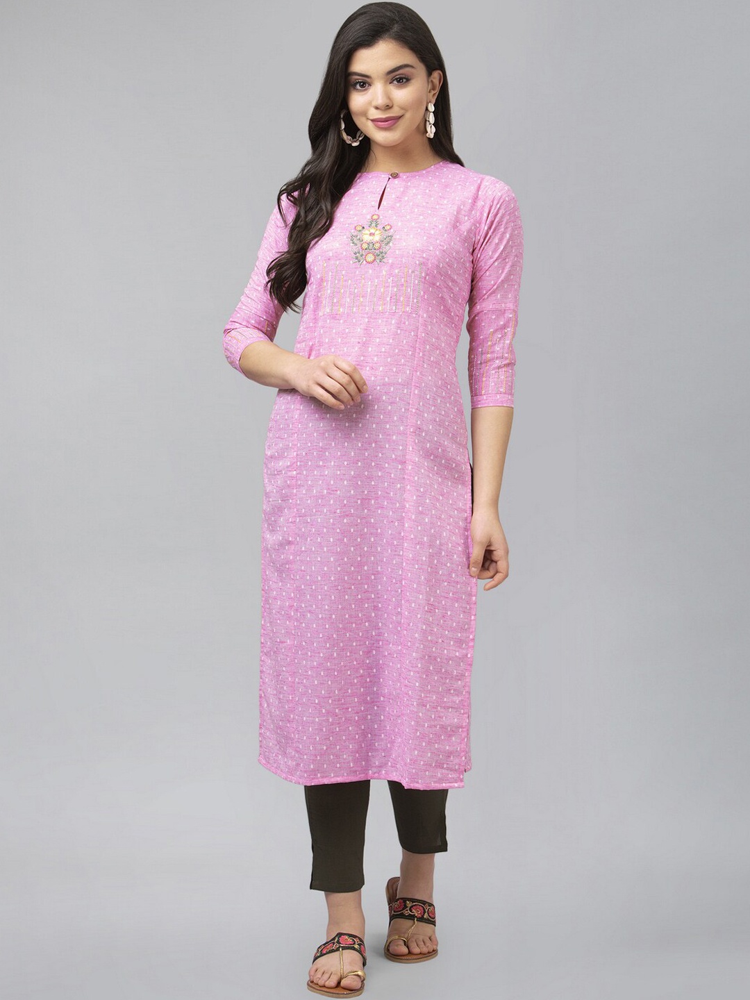 

SANISA Women Pink & White Woven Design Dobby Cotton Straight Kurta