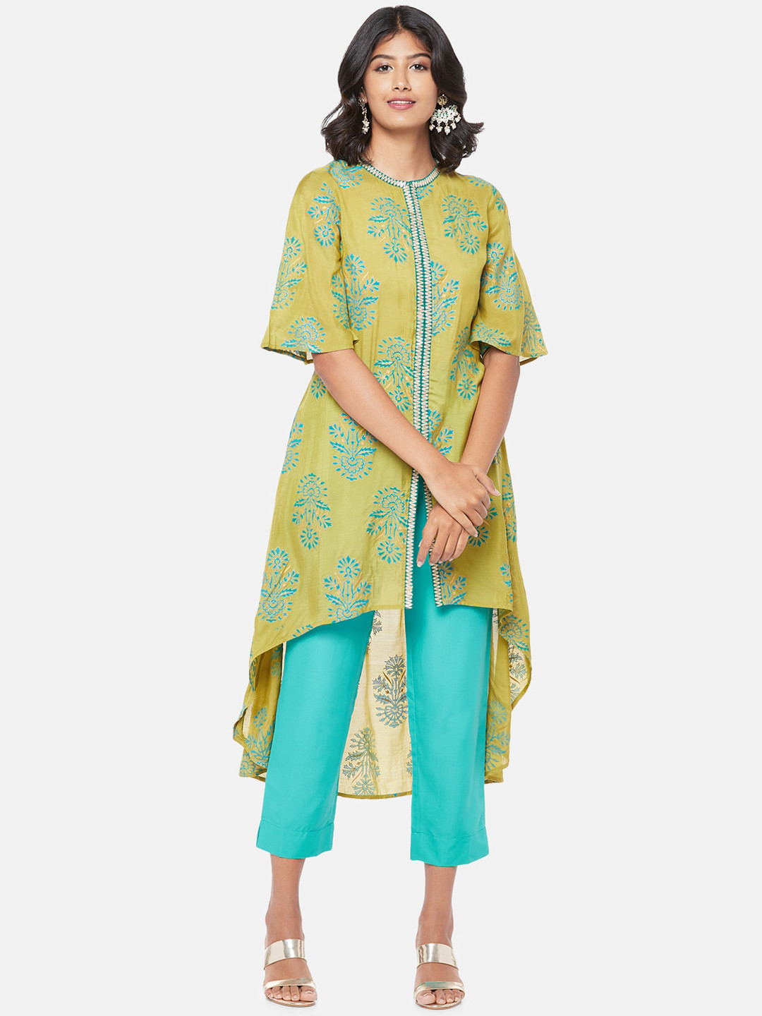 

RANGMANCH BY PANTALOONS Women Olive Green Ethnic Printed Flared Sleeves Kurta