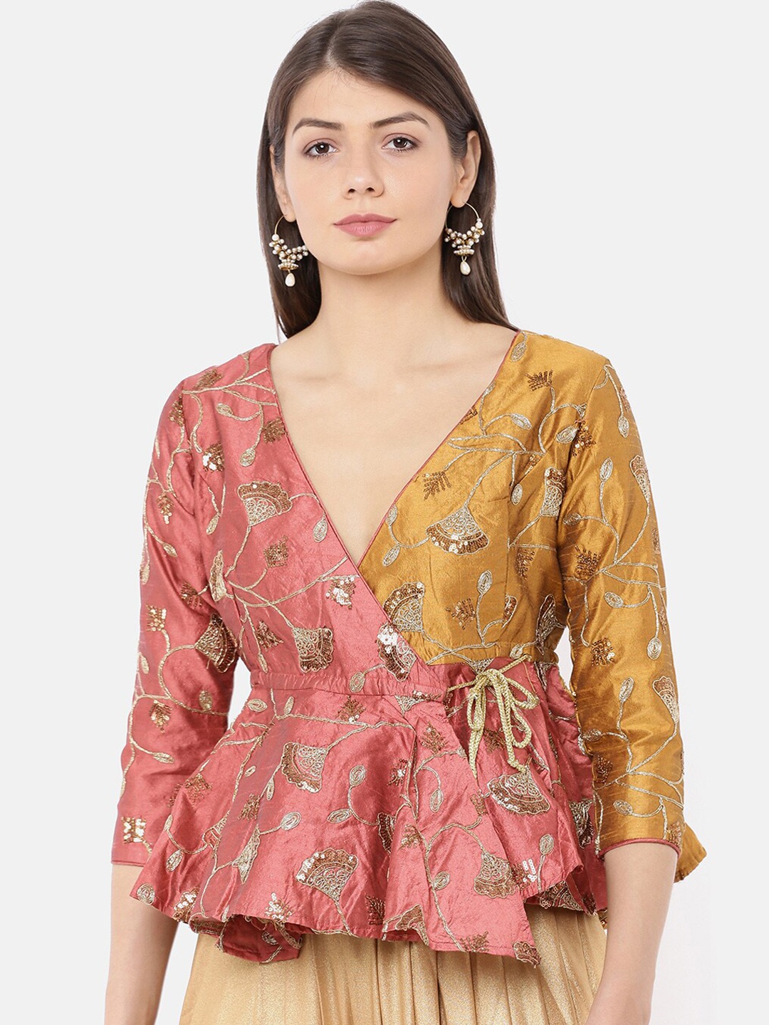 

Ira Soleil Pink & Mustard Colourblocked Floral Embroidered Wrap Top
