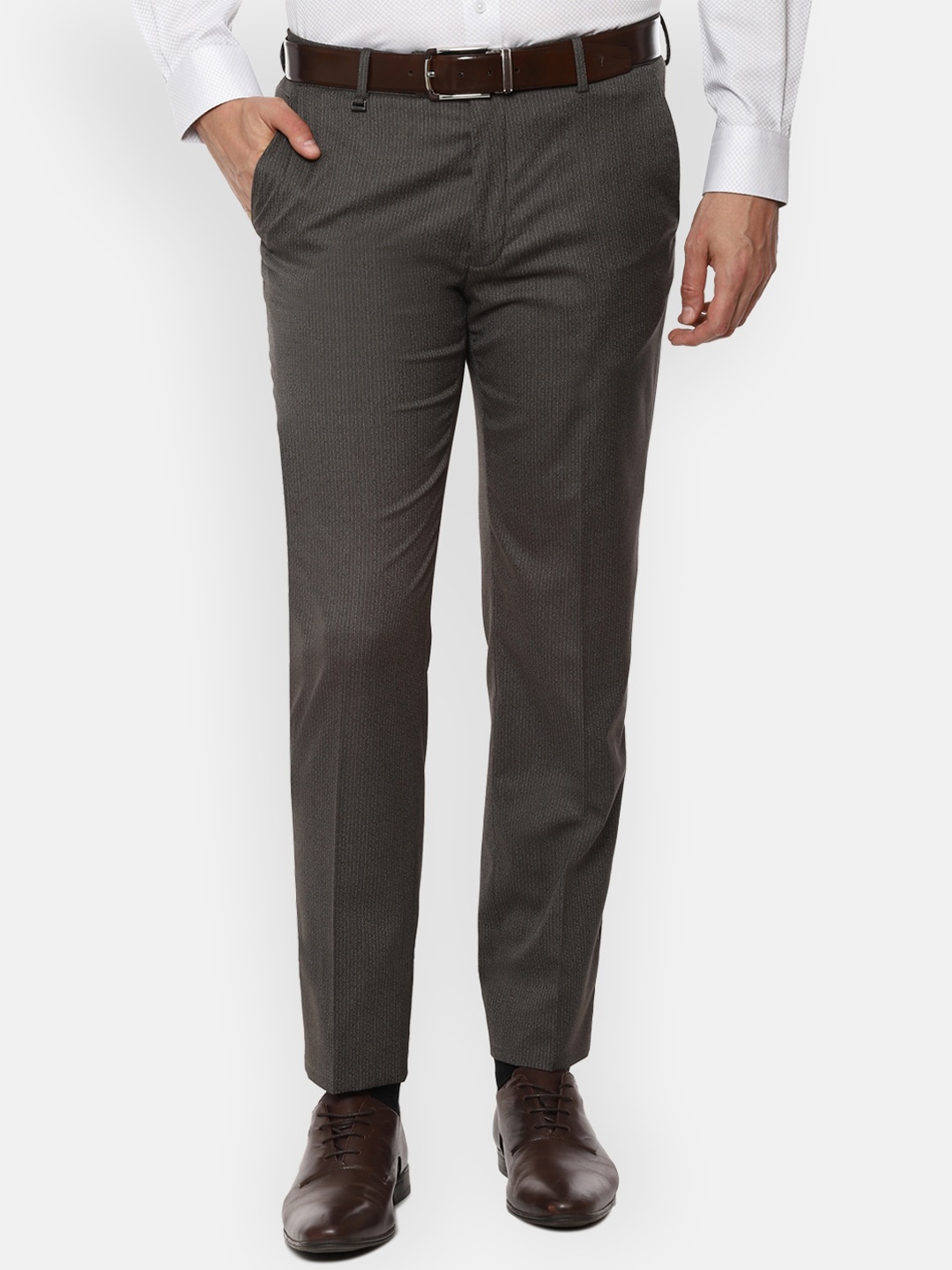 Van Heusen Men Grey Slim Fit Solid Formal Trousers