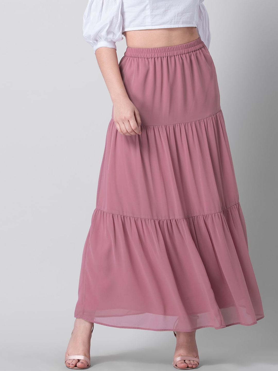 

FabAlley Women Pink Solid Tiered Maxi Skirt