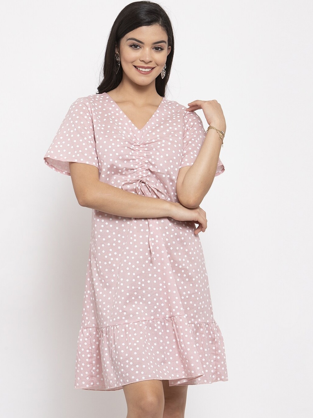 

KASSUALLY Women Pink & White Printed A-Line Ruched Mini Dress