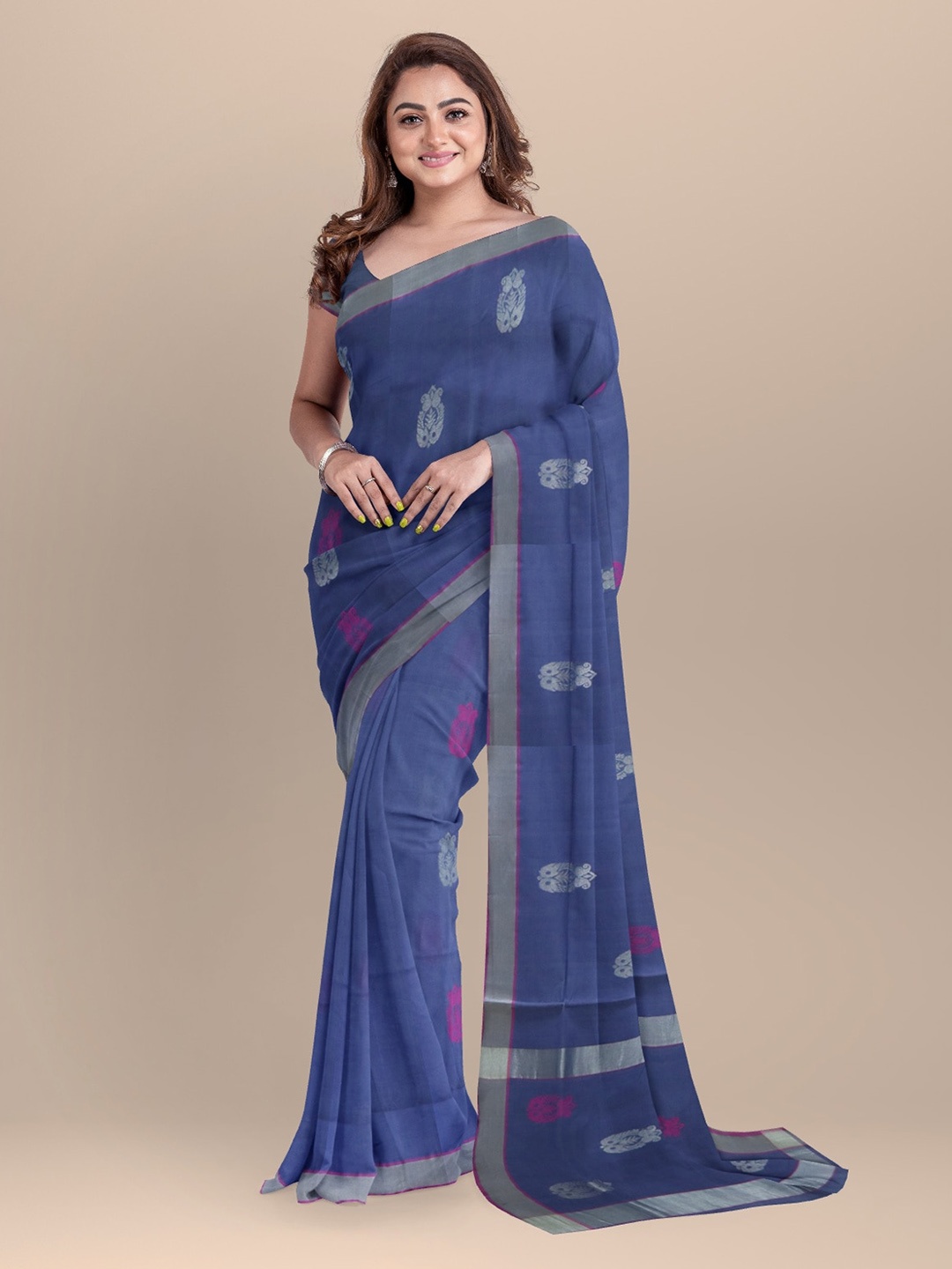 APCO Blue & Silver-Toned Pure Cotton Woven Design Venkatgiri Saree
